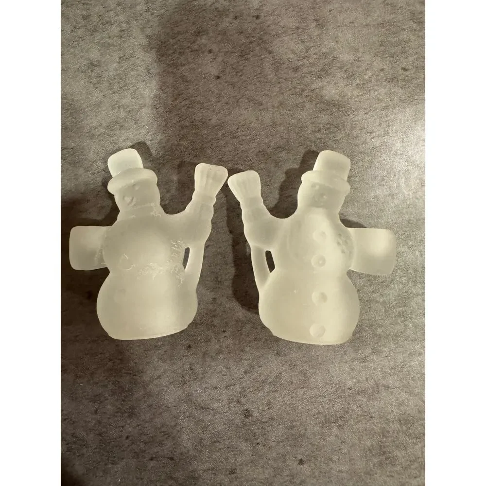 Williams Sonoma Snowman Tiny Taper Candle Holders  Frosted Glass